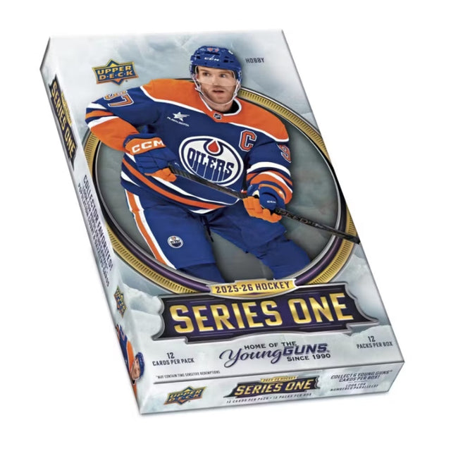 2025/26 Upper Deck Series 1 Hockey NHL Hobby Box utgåva med NHL-samlarbilder och hockeykort.