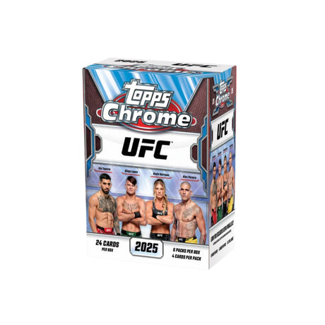 2025 Topps Chrome UFC Value Box med samlarkort på UFC-fighters, kampsportskort i originalförpackning.