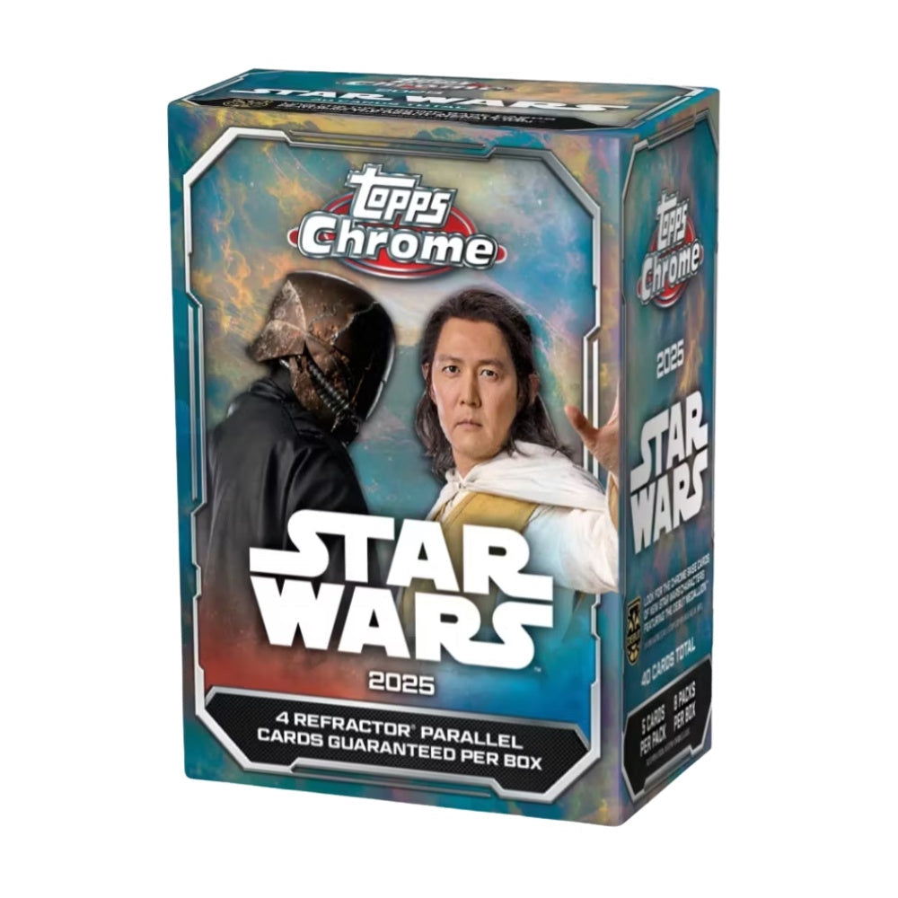 2025 Topps Star Wars Chrome Value Box, samlarbox med exklusiva Star Wars samlarkort och glimrande kromfinish.