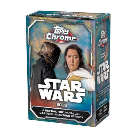 2025 Topps Star Wars Chrome Value Box, samlarbox med exklusiva Star Wars samlarkort och glimrande kromfinish.