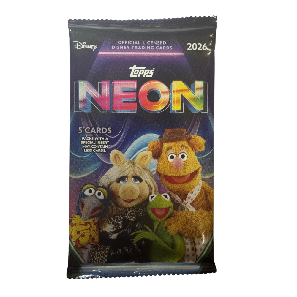 2026 Topps Disney Neon samlarkort i ett oöppnat boosterpack för samlare.