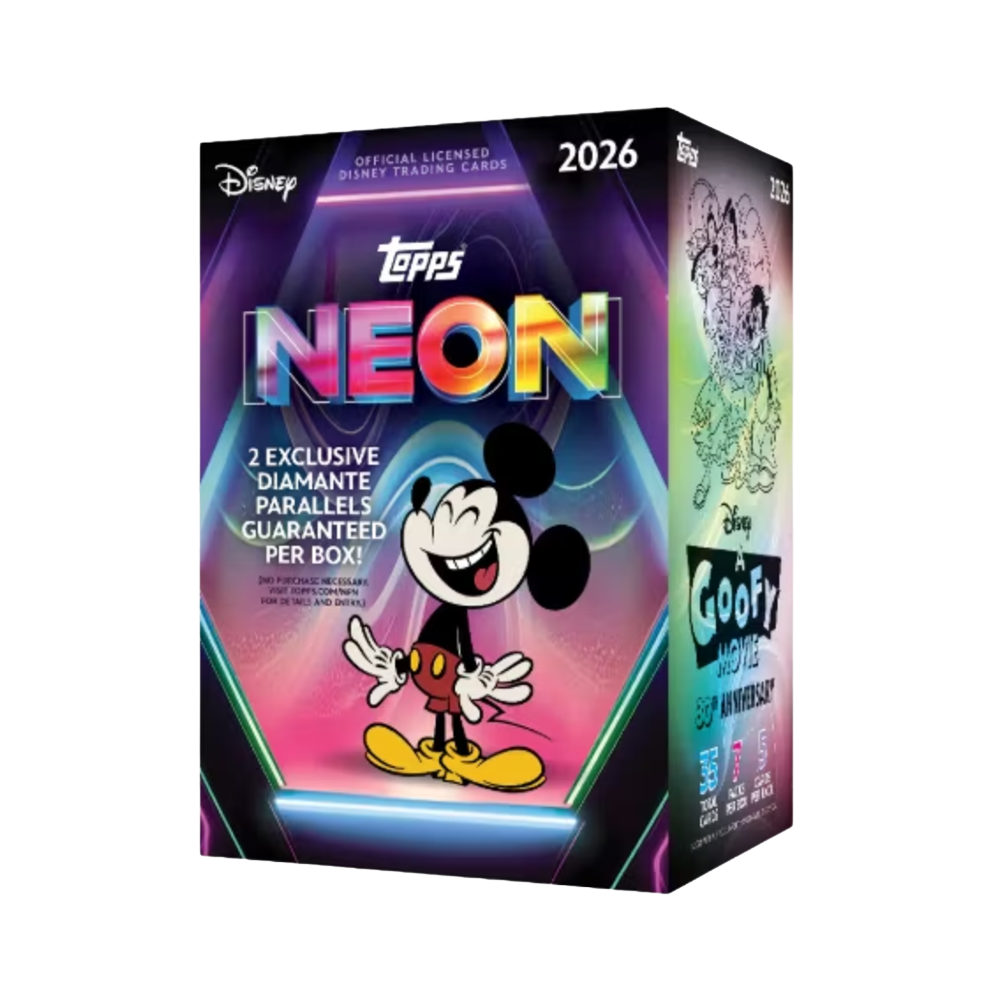 2026 Topps Disney Neon Value Box med samlarkort föreställande Disney-karaktärer.