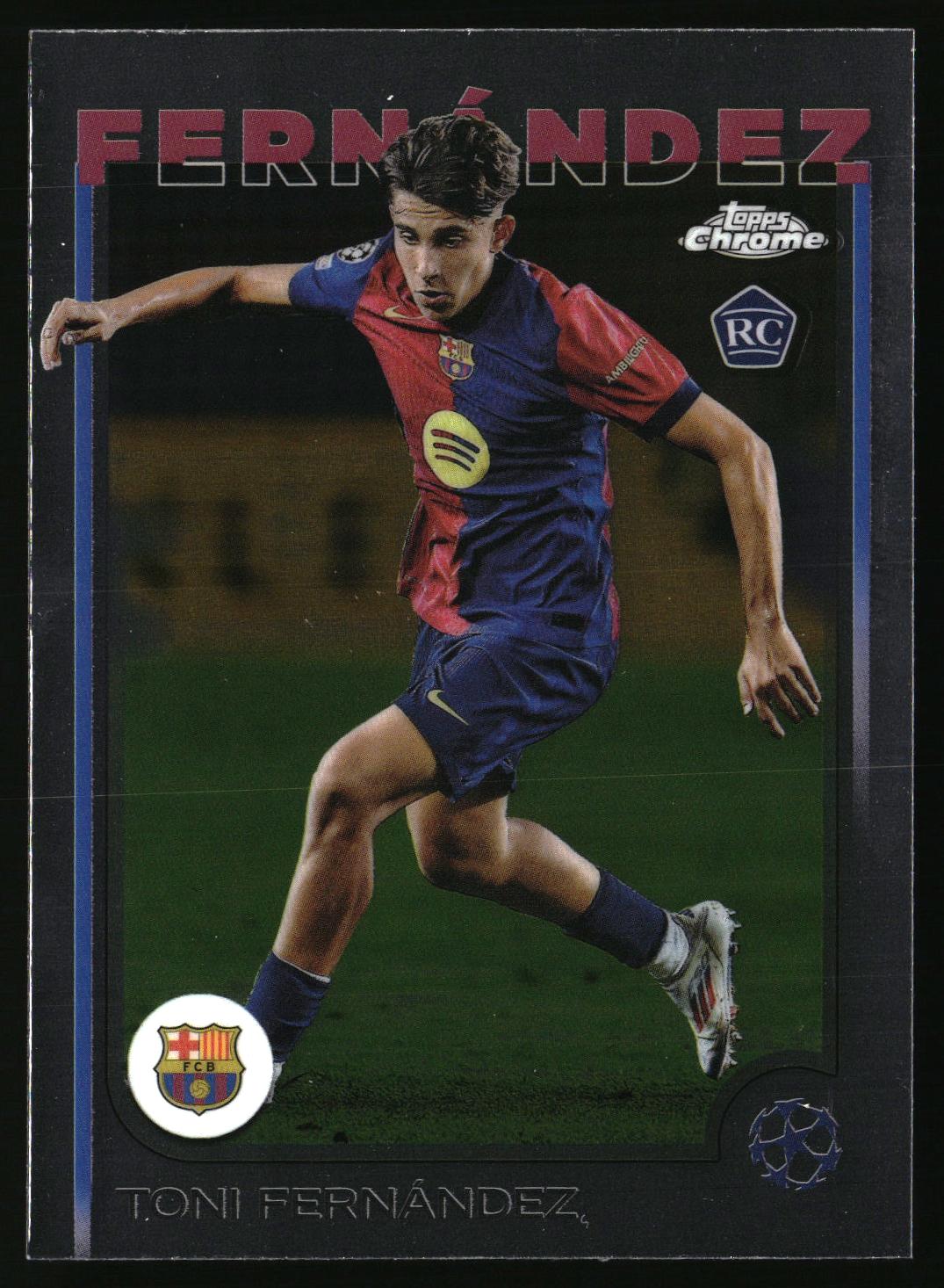 Toni Fernández FC Barcelona Rookie Card samlarkort i skyddsfodral för fotbollssamlare.