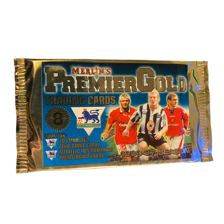 Merlin Premier Gold 96/97 oöppnat samlarbilder paket med engelska Premier League fotbollskort.