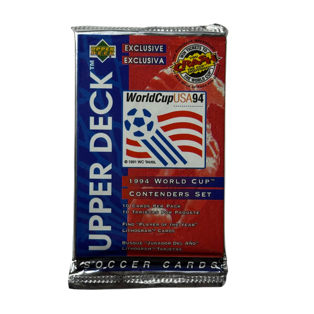 Upper Deck fotbollskort från World Cup USA 94 i originalförpackning, samlarbilder från fotbolls-VM 1994.
