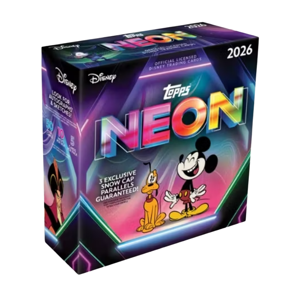 2026 Topps Disney Neon Mega Box samlarkort med Disneyfigurer i färgstark neon-design, oöppnad samlarbox.