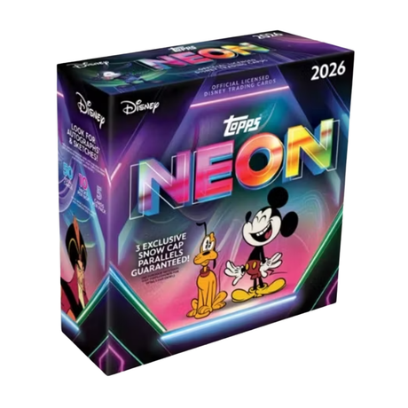 2026 Topps Disney Neon Mega Box samlarkort med Disneyfigurer i färgstark neon-design, oöppnad samlarbox.