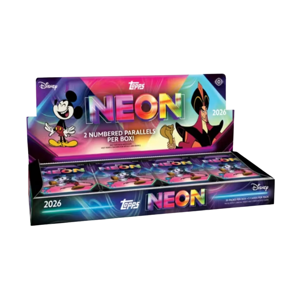2026 Topps Disney Neon Hobby Box med samlarkort, neonrosa och lila samlarbox med populära Disney-karaktärer.