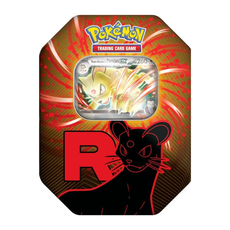 Pokémon Team Rocket's Tin 2025 samlarbox i metall med motiv från Team Rocket, samlarbilder och kortpaket.