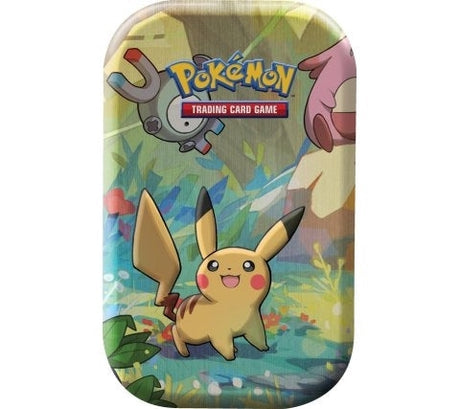 Pokémon Kanto Friends Mini Tin samlarbox i plåt med färgglatt motiv av Pikachu och klassiska Pokémon.