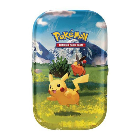 Blå Pokémon Mega Evolution Ascended Heroes Mini Tin samlarbox med bild på kraftfulla Mega Evolution-karaktärer.