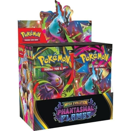 Pokémon Mega Evolution Phantasmal Flames booster box med samlarkort, lila och orange design med eld-teman.