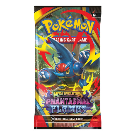 Pokémon Mega Evolution Phantasmal Flames Booster Pack, samlarbilder paket med eld-tema för Pokémon-kortspel.