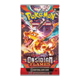 Pokémon Scarlet & Violet 3: Obsidian Flames boosterpack med samlarkort föreställande olika Pokémon-karaktärer.