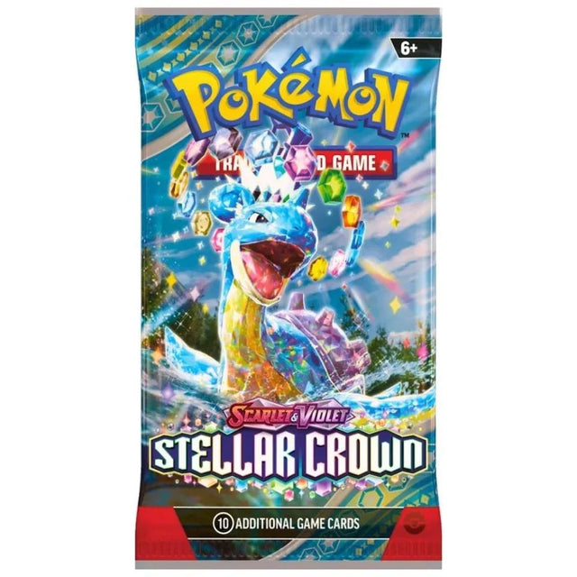 Pokémon Scarlet & Violet 7: Stellar Crown Booster Pack, samlarkort med Terapagos i glittrande illustration.