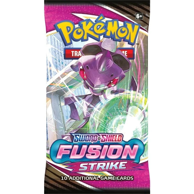 Pokémon Sword & Shield Fusion Strike Booster Pack, samlarbilder med Mew-motiv i lila och blått från Fusion Strike-serien.