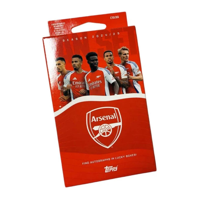 Topps Arsenal Fan Set 2024-25 samlarbox med fotbollskort, officiella samlarbilder för Arsenal FC fans.