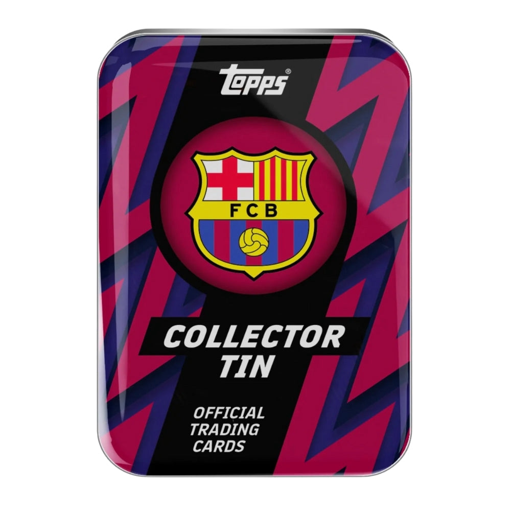 Topps Barcelona 25/26 Collector Tin samlarbox med officiella fotbollskort från FC Barcelona.