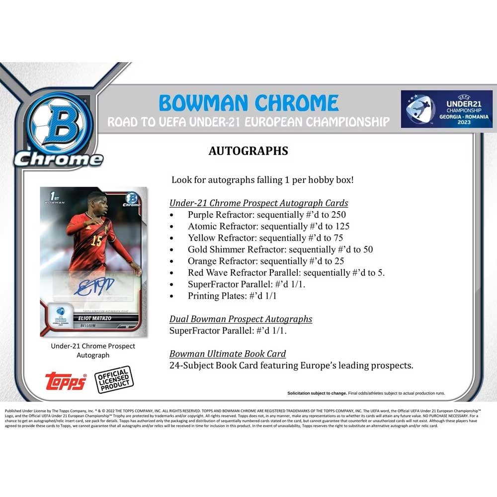 Topps Bowman U21 Chrome Hobby Box samlarkort för fotboll med unika chrome-kort och sällsynta samlarbilder.