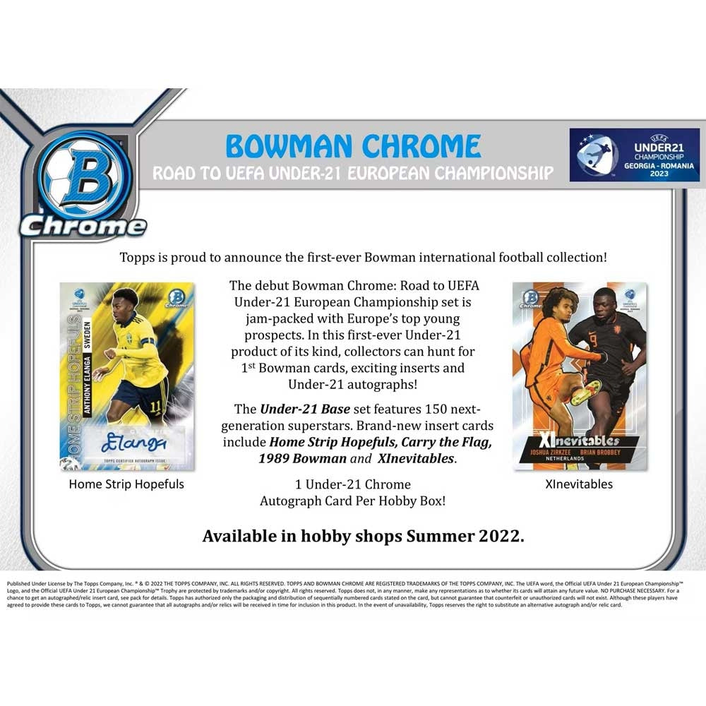Topps Bowman U21 Chrome Hobby Box, samlarbox med fotbollskort för samlare och hobbyentusiaster.