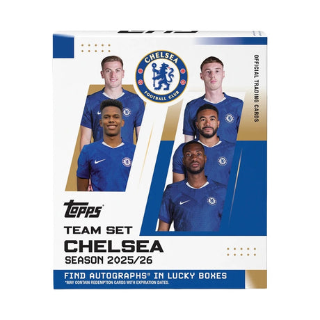 Topps Chelsea 2025-26 Team Set fotbollskort samlarbox med Chelsea FC-spelare.