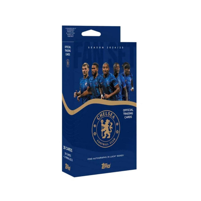 Topps Chelsea Fan Set 2024-25 samlarbox med officiella fotbollskort för Chelsea FC fans och samlare.