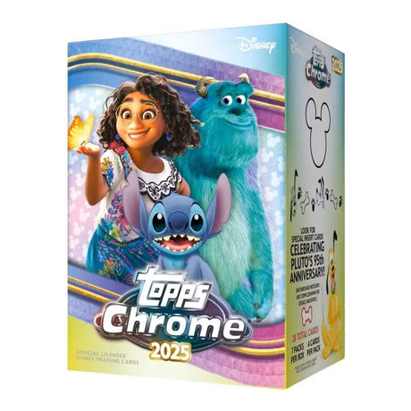 Topps Chrome Disney 2025 Value Box samlarkort i lila förpackning med Musse Pigg och Disneykaraktärer
