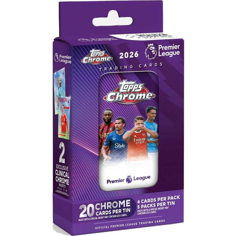 Topps Chrome Premier League 25/26 Chrome Tin, samlarbox med fotbollskort från engelska ligan.