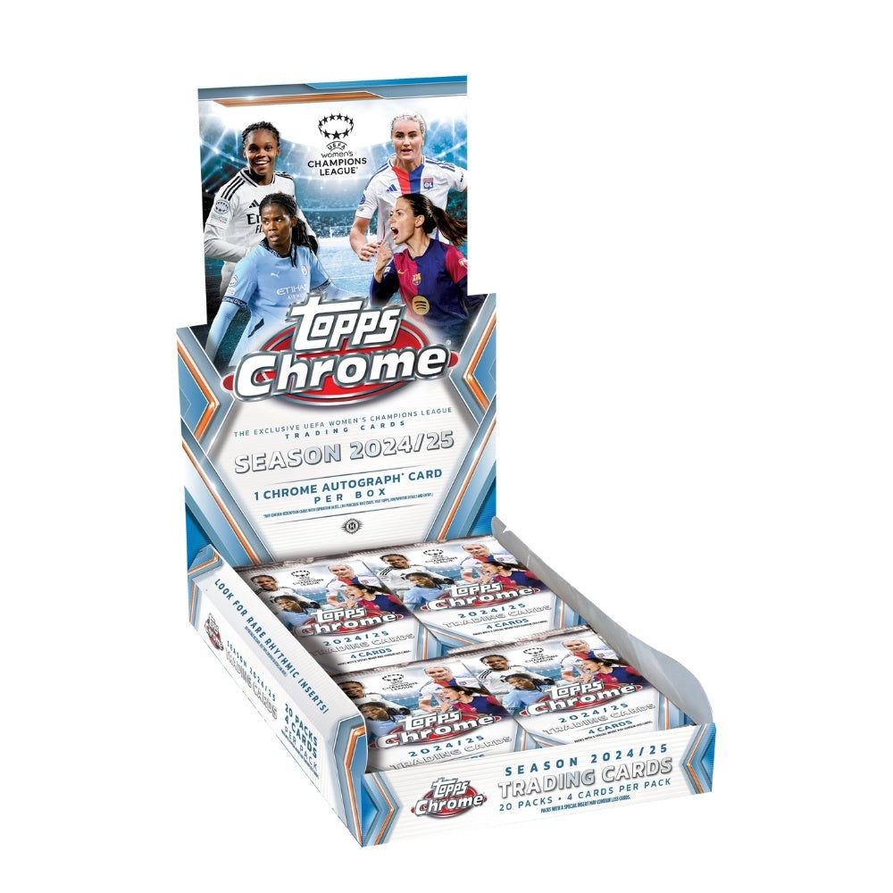 Topps Chrome UCL Women 24/25 box med officiella fotbollskort från UEFA Women's Champions League för samlare.