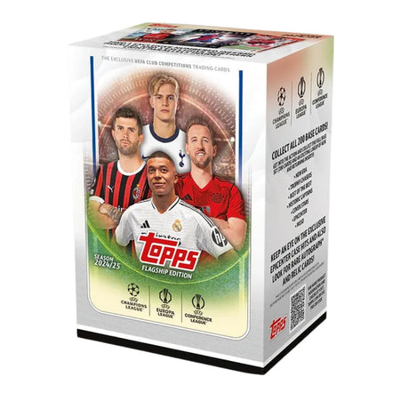 Topps Flagship UCC 24/25 Value Box med fotbollskort från UEFA Club Competitions, samlarbilder i lila förpackning.