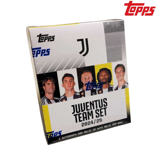 Topps Juventus Team Set 2024/25, samlarbilder med fotbollsspelare från Juventus i officiell förpackning.