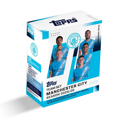 Topps Manchester City 2025/26 Team Set officiella samlarkort med klubbens stjärnor och logotyp.
