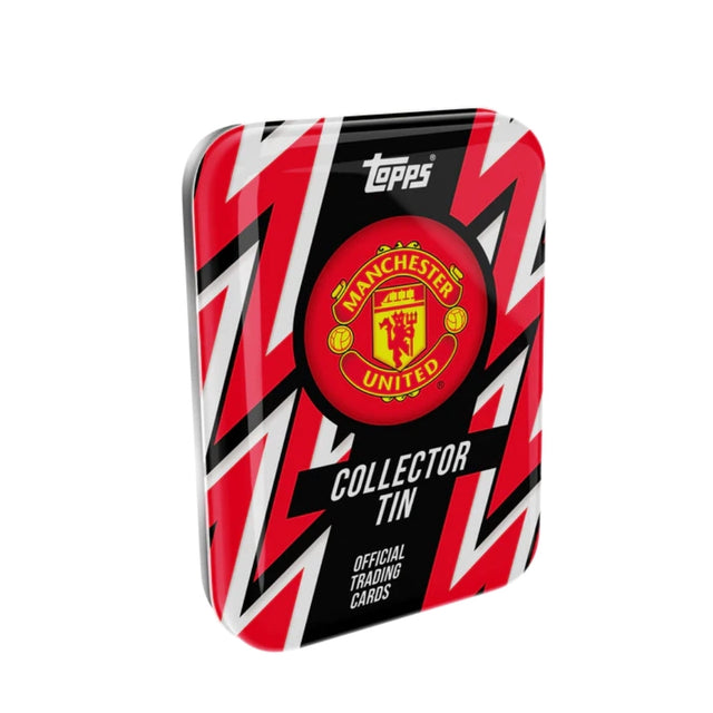 Topps Manchester United 25/26 Collector Tin samlarbox med fotbollskort och officiella samlarbilder.