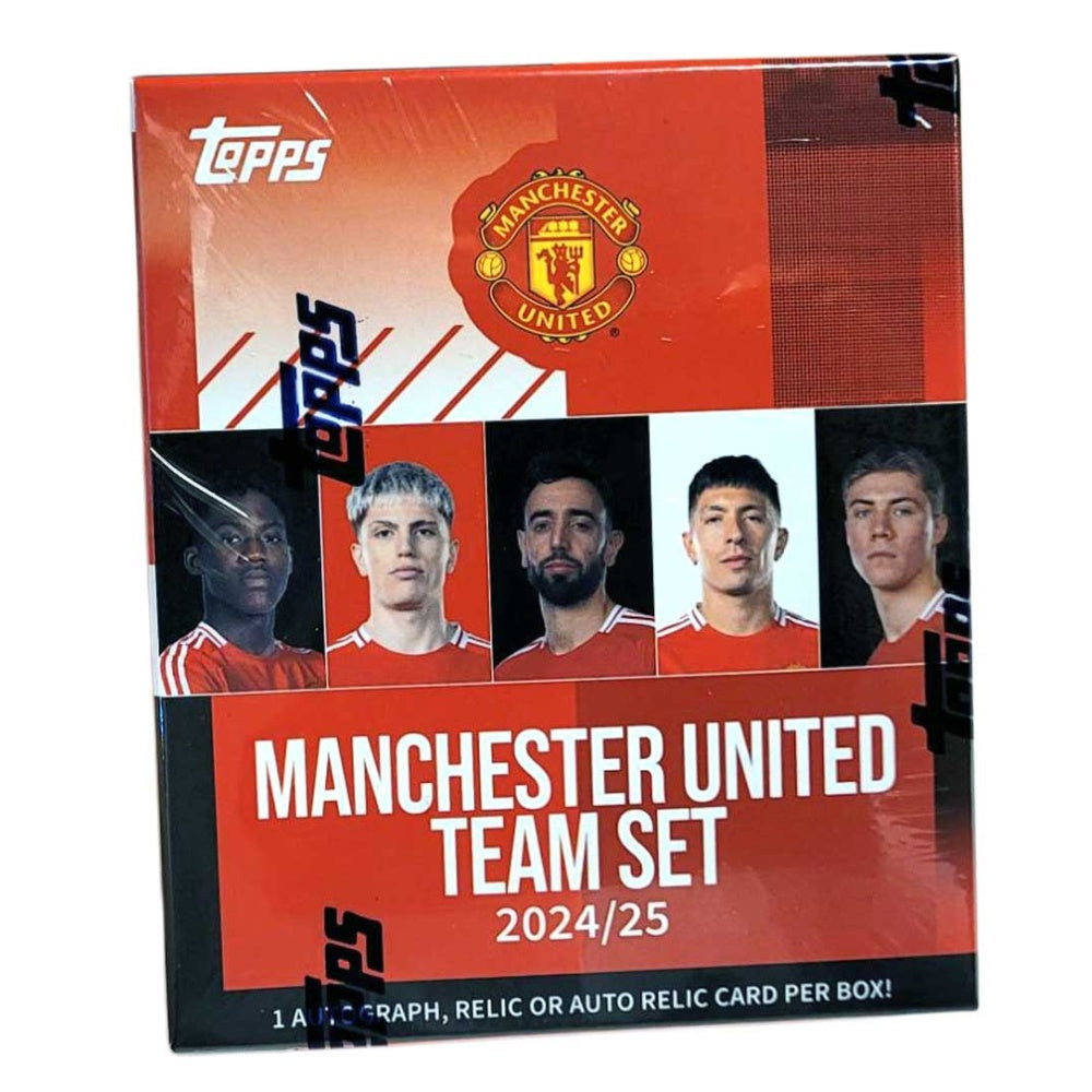 Topps Manchester United Team Set 2024/25 samlarkort i officiell box med fotbollskort på stjärnspelare.