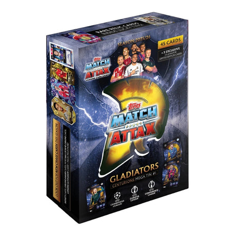 Topps Match Attax 25/26 Mega Tin 1 Centurions samlarbilder, fotbollskort i en exklusiv plåtburk för samlare.