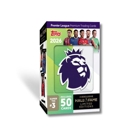 Topps Premier League 2025/26 Super Tin samlarbox med 53 fotbollskort och sällsynta Limited Edition-kort.