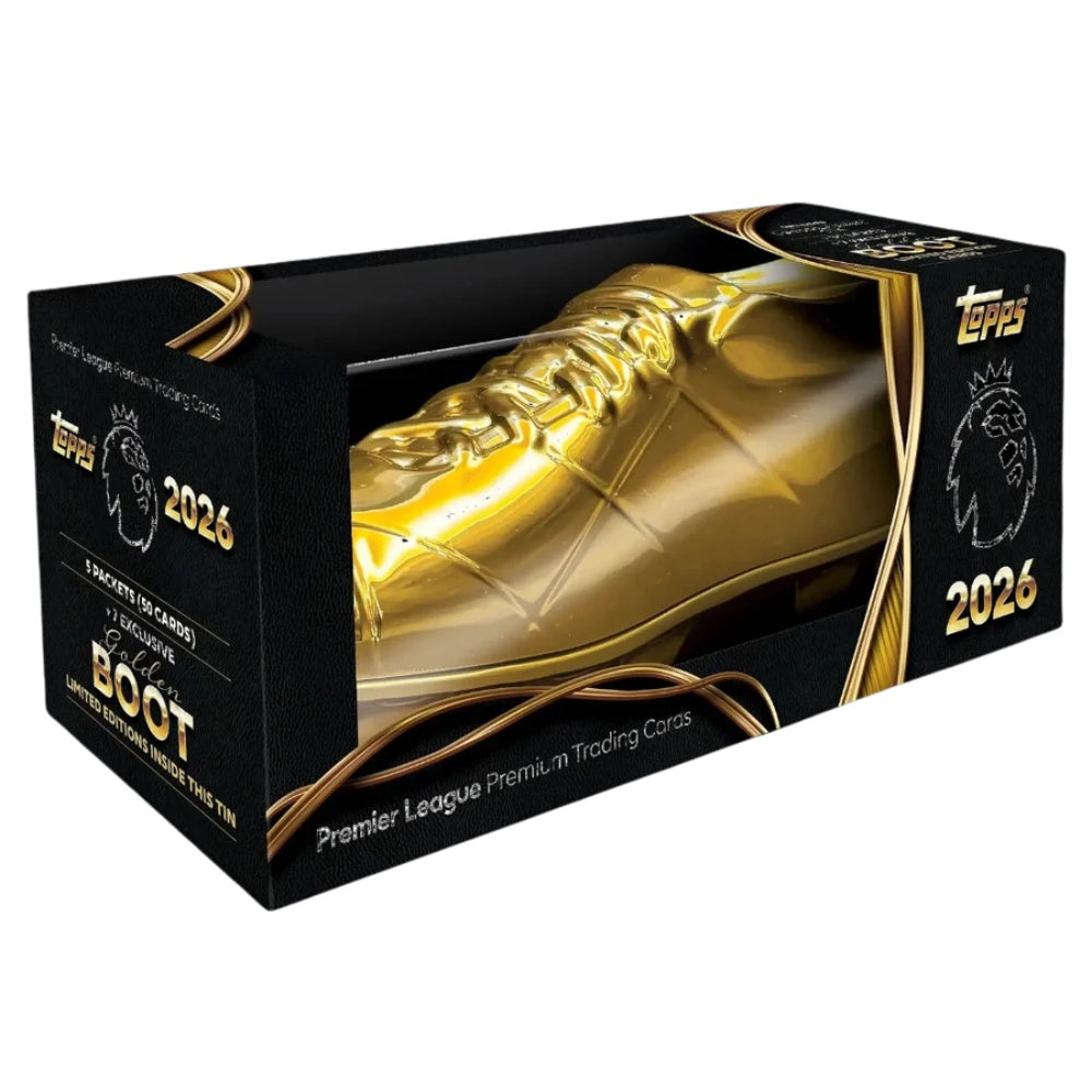 Topps Premier League 2026 Golden Boot Tin samlarbox för fotbollskort med motiv av gyllene fotbollssko.