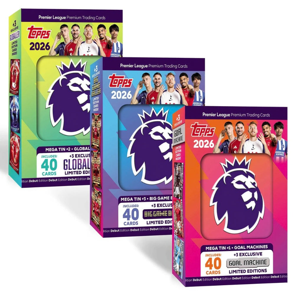Topps Premier League 2026 Mega Tin samlarbox med officiella fotbollskort för samlare.
