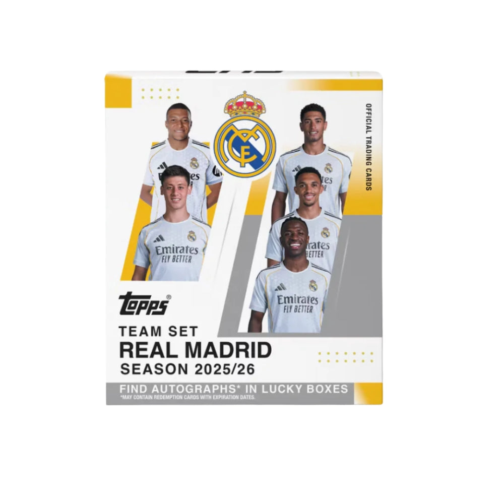 Topps Real Madrid Team Set 2025-2026 fotbollskort i officiell box med klubblogga och lagets stjärnor.