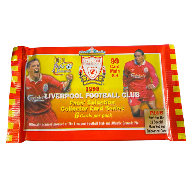Ooppnat pack med Futera Liverpool Fans Selection 1998 fotbollskort.