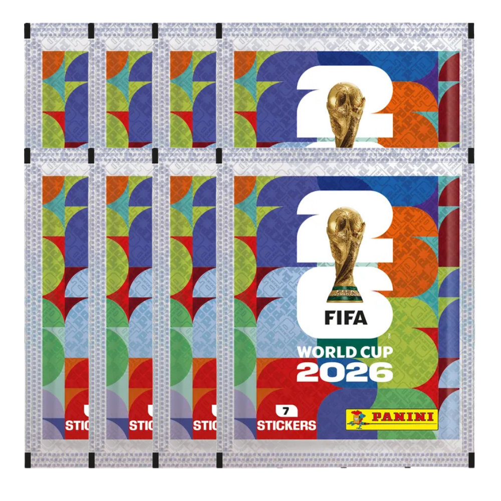 Panini FIFA World Cup 2026 stickers med åtta paket fotbollsbilder för samlare.
