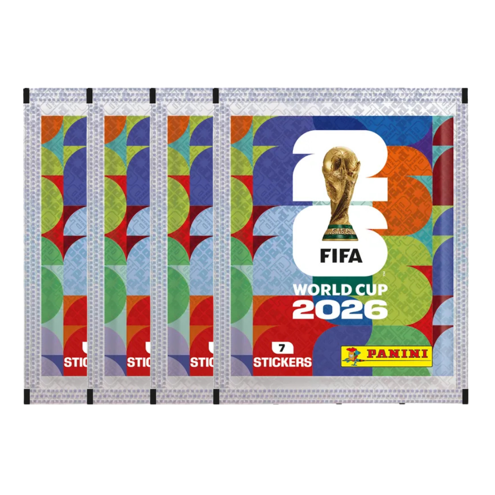 Fyra paket Panini FIFA World Cup 2026 stickers för fotbollsälskare.
