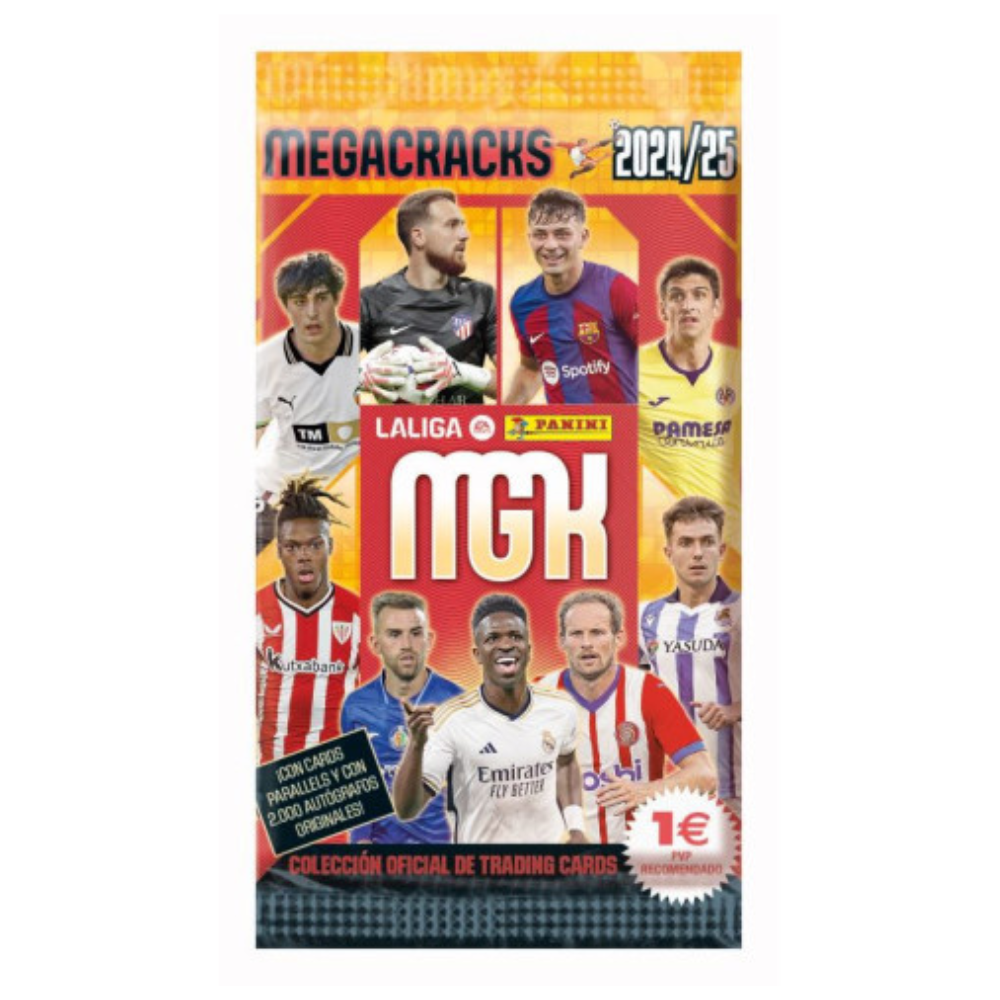Panini La Liga Megacracks 24/25 oöppnat boosterpack med spanska fotbollskort.