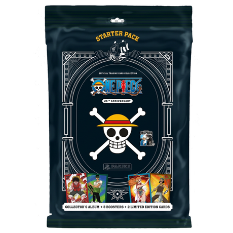 Panini One Piece 25th Anniversary Starter Set med samlarkort och samlarpärm.