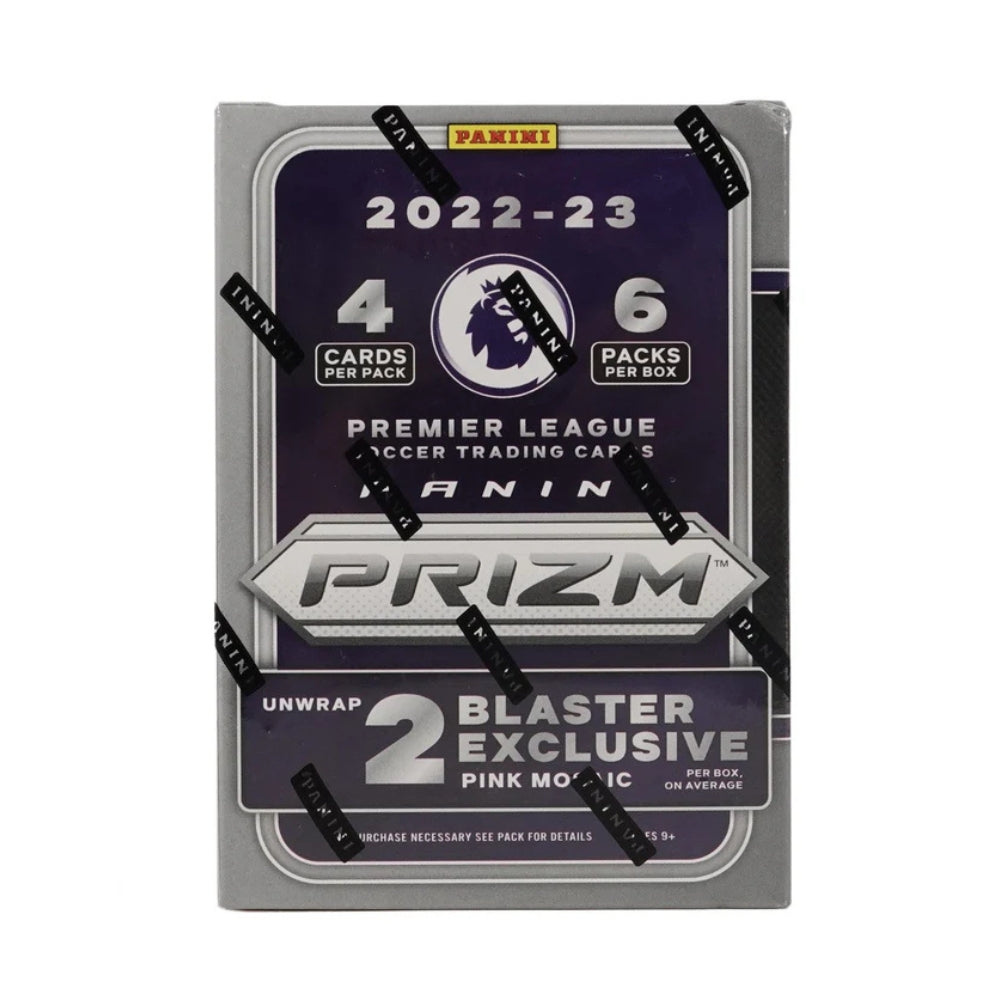 Panini Prizm Premier League 2022-23 blaster box med fotbollskort för EPL-samlare.
