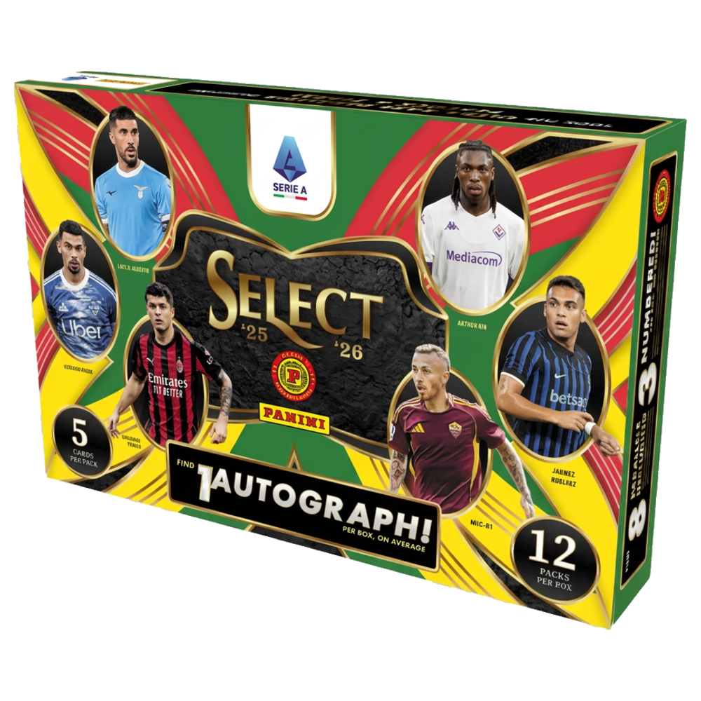 Obruten 2025-26 Panini Select Serie A fotbollskort International Hobby Box för samlare.