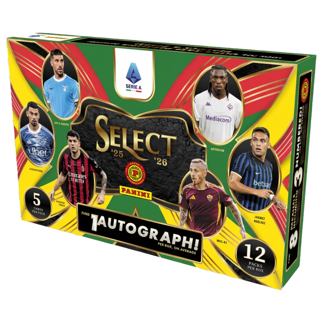 Obruten 2025-26 Panini Select Serie A fotbollskort International Hobby Box för samlare.