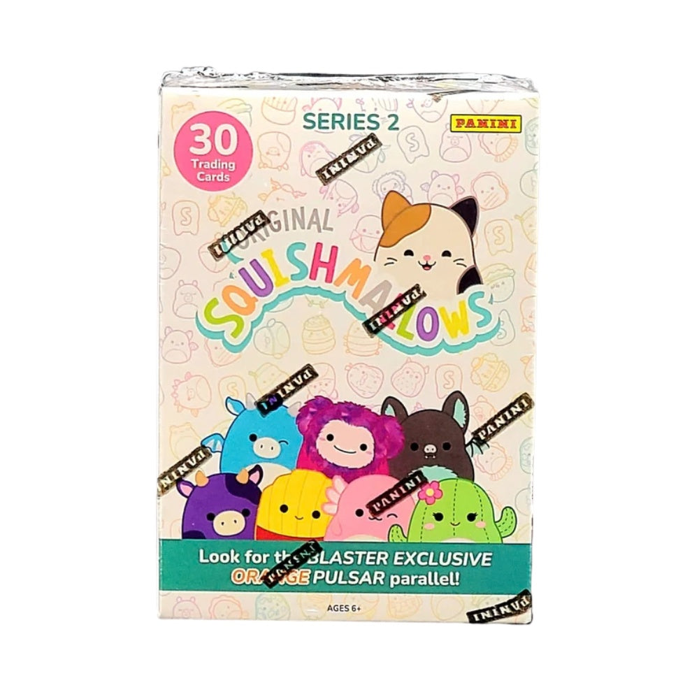 2025 Panini Squishmallows Series 2 Blaster Box med samlarkort för unga och vuxna samlare.