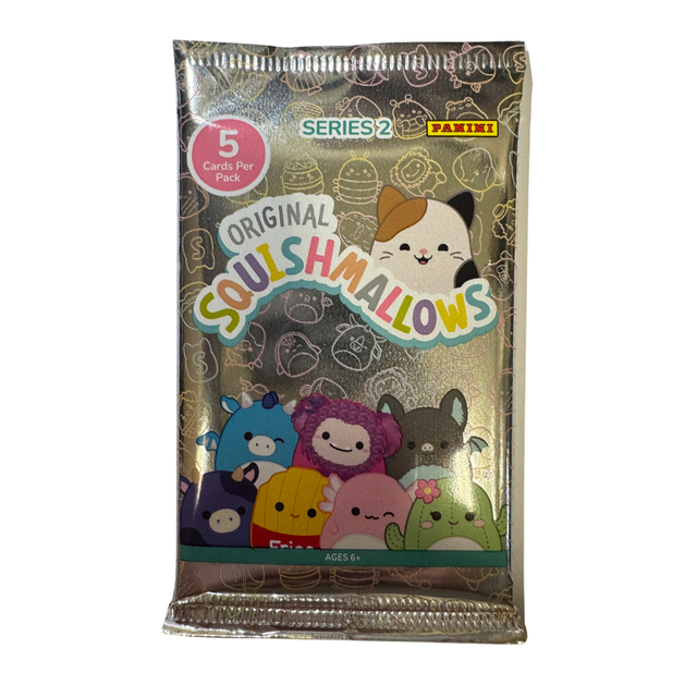 2025 Panini Squishmallows Series 2 samlarbilder i ett oöppnat boosterpaket.
