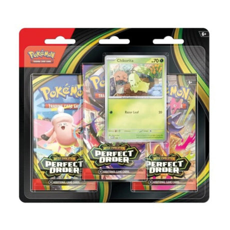 Pokemon Mega Evolution 3-pack blister med Chikorita för samlare.